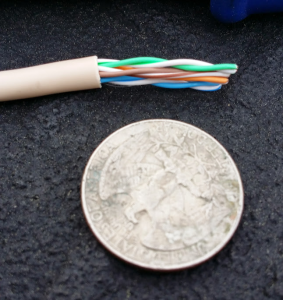 Twisted Pair cable shown next to a quarter