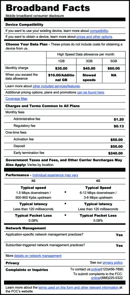 An example Mobile Broadband label shows typical speeds, and hidden fees - things that were often hard to find before.