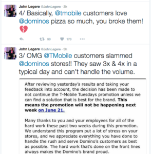 T-Mobile CEO John Legere shared the letter Dominos sent to all their stores, announcing they were backing out of the promotion.