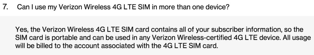 Verizon's own FAQ makes it clear that you are allowed to use your SIM card and plan in other devices. The T1114 is probably being singled out because it is not "compatible", but so far regular hotspots and routers have not had any issues.