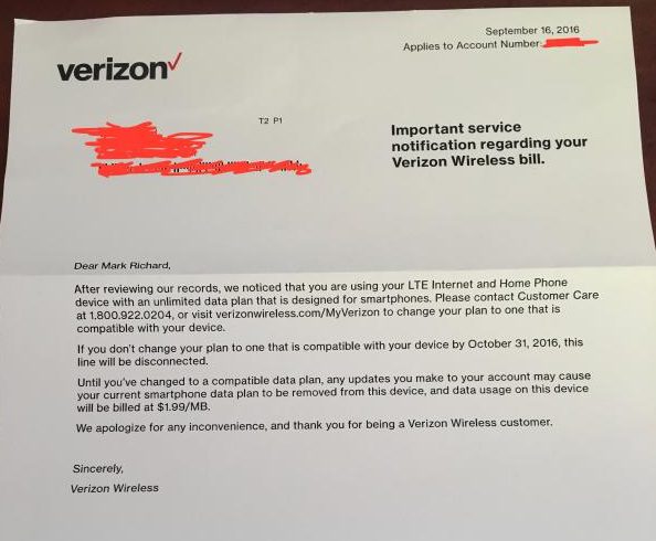 Verizon customers using a smartphone unlimited data line in a T1114 home router began receiving this letter today. (As posted on Howard Forums)