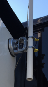 The TechnoRV Suction Cup Mount is ideal for mounting on the top edge of a slideout - making it easy to run the antenna cable indoors. In this picture, the mount is holding up a 5' length of PVC to get the antenna up above any obstructions.