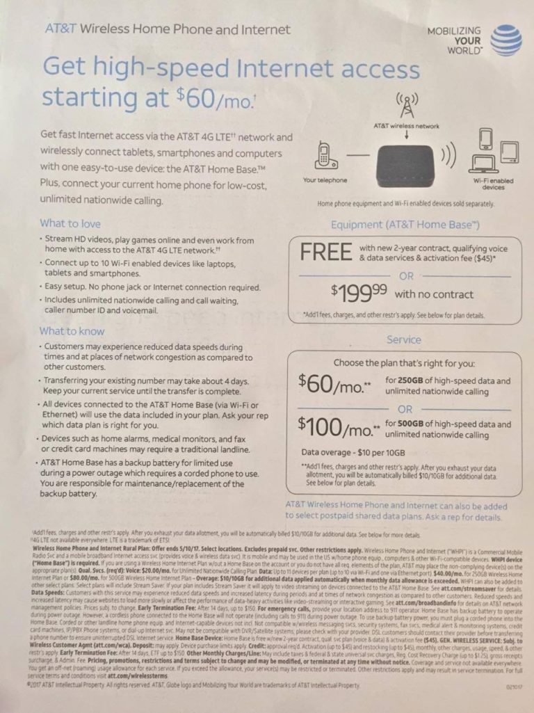 AT&T's Wireless Home Phone & Internet Rural Plan - 250GB for $60/month ...