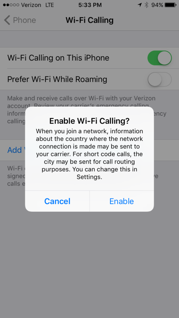 iPhone screenshot to enable Wi-Fi calling