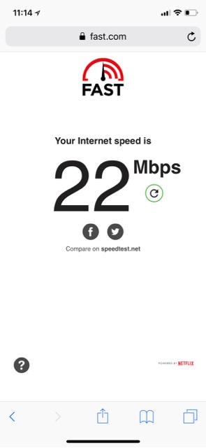 Netflix Fast.com internet speeds testing results showing 22 Mbps