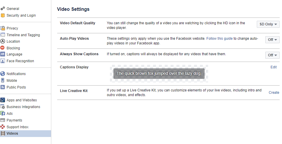 Facebook browser video settings