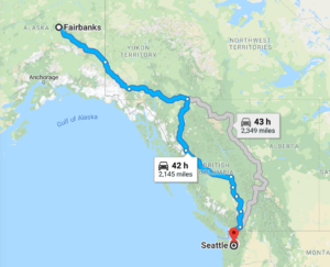 Google maps route screenshot from Seattle to Fairbanks