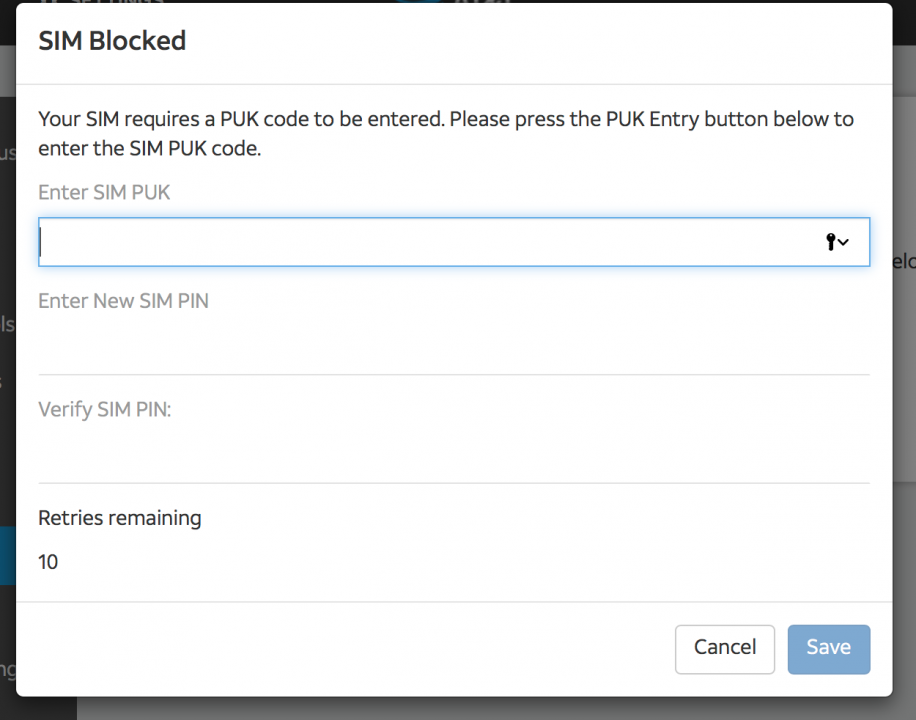 Screen shot of the SIM lock options in the dashboard of a mobile hotspot