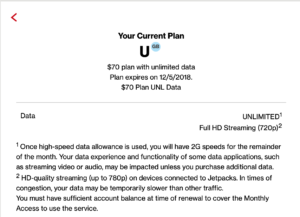 Screen shot of  plan details on myVerizon