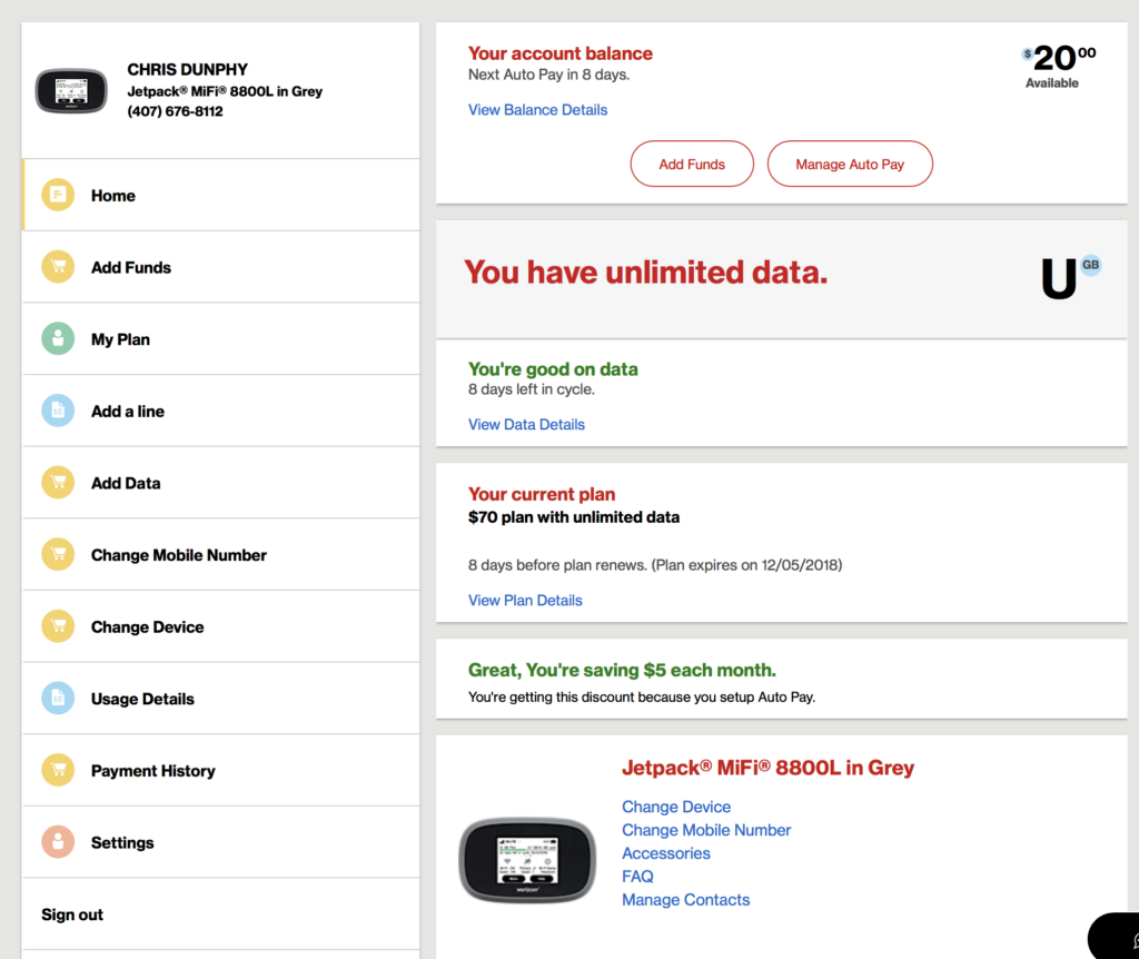 Screenshot of myVerizon account with pUDP