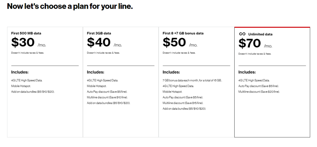 Verizon Prepaid Data Plan Selection screenshot