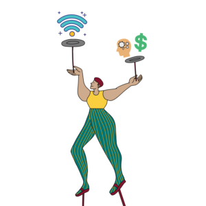 circus performer juggling plates with mobile internet icons on top icon