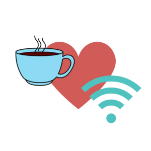 Coffee cup and Wi-Fi icon overlaying a heart icon