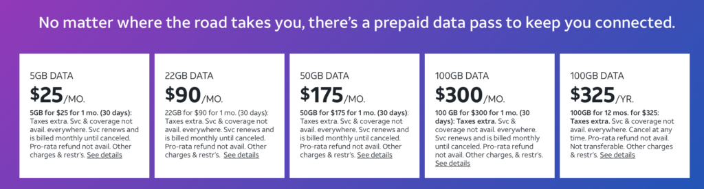 Screenshot of RV DataConnect Prepaid plan listings