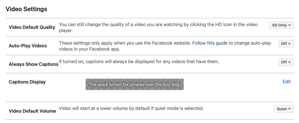 Facebook Video Settings