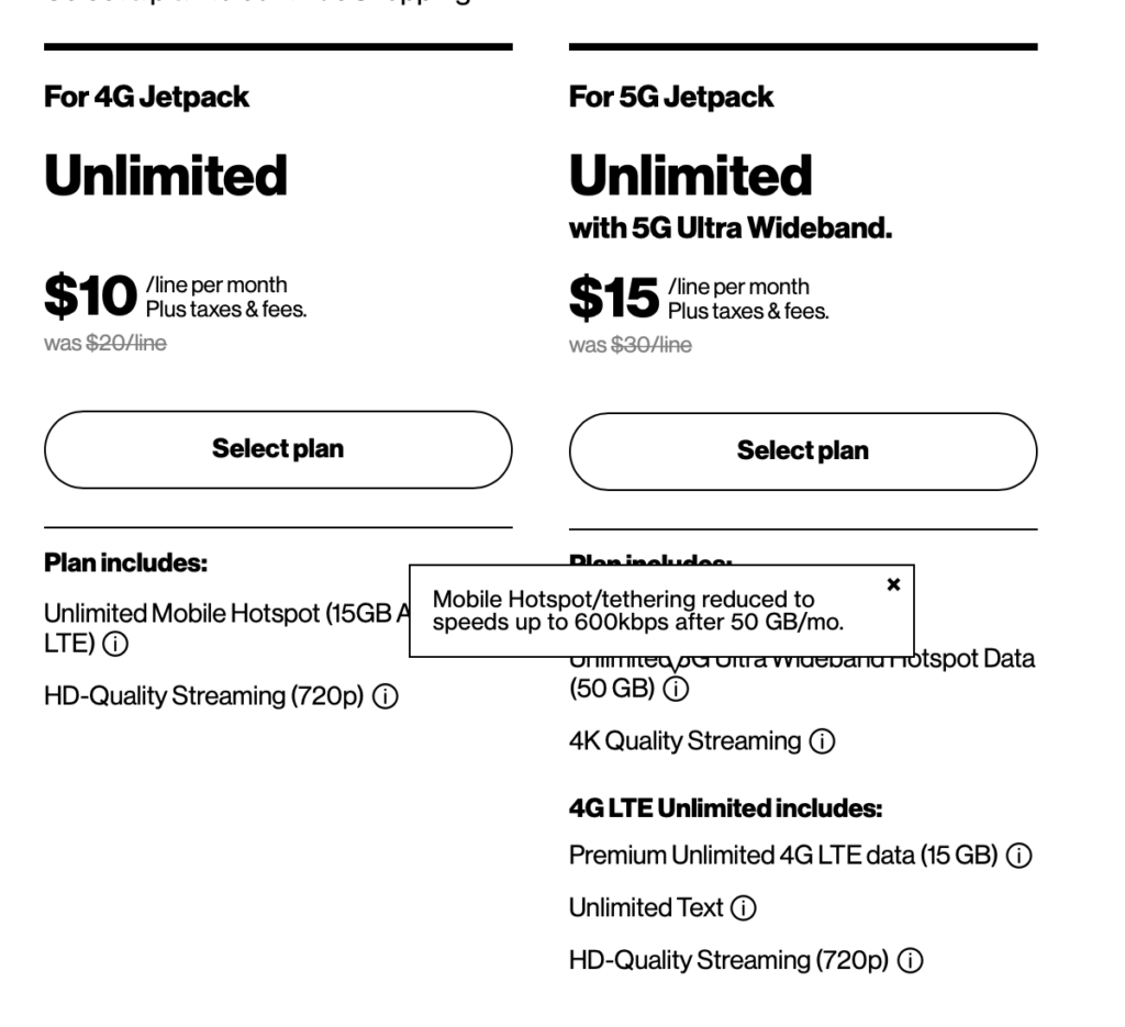 Verizon Jetpack Line Pricing as of Sept 2020