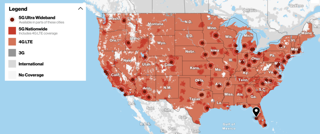 Verizon's 5G coverage map as of October 2020