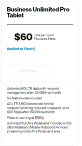 Verizon Business Unlimited Pro Tablet plan - from the Verizon website as of October 2020