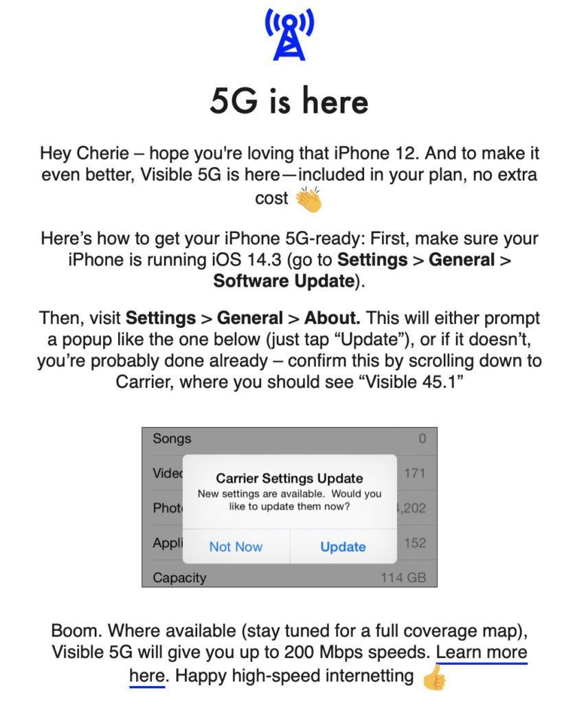 Visible 5G Email screenshot