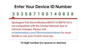 cricket imei check Screenshot of Cricket IMEI error message.