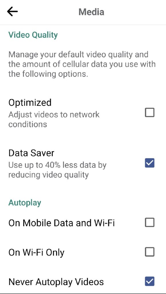 Facebook options Android