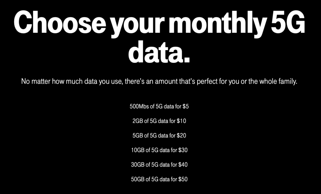 Mobile internet plan listing for prepaid