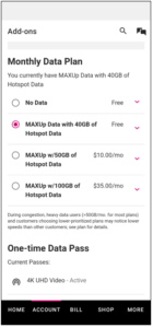Screenshot of the T-Mobile app showing new hotspot data cap options