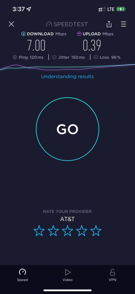 Ookla results for testing internet speeds showing 7 mbps and high jitter. 