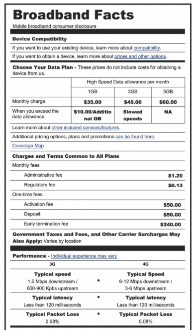 FCC Consumer Broadband Label FCC Nutrition Label