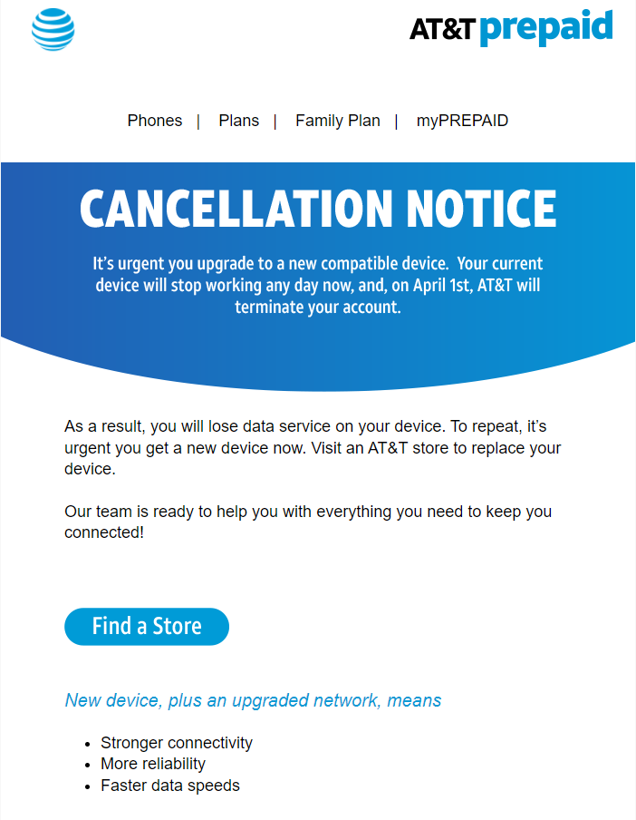 att prepaid cancellation notice email