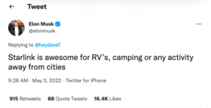 Elon Tweet Starlink good for RV Life