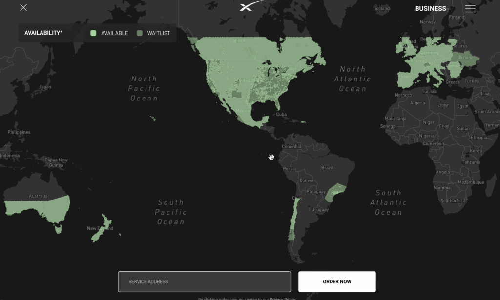 Starlink Availability Former Green Map
