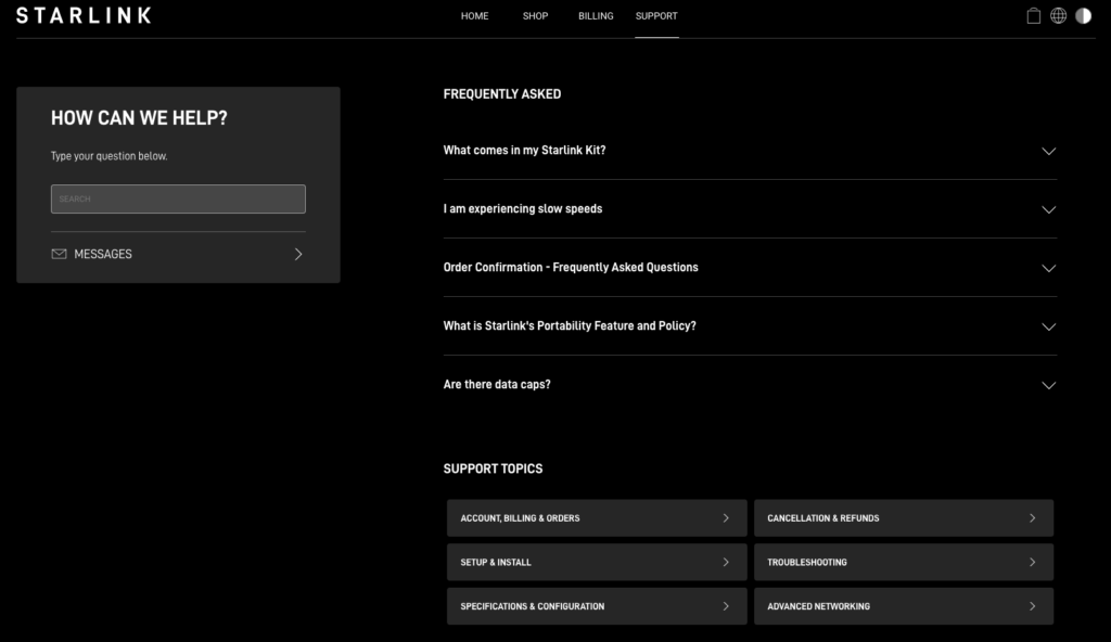 Starlink Customer Support Page