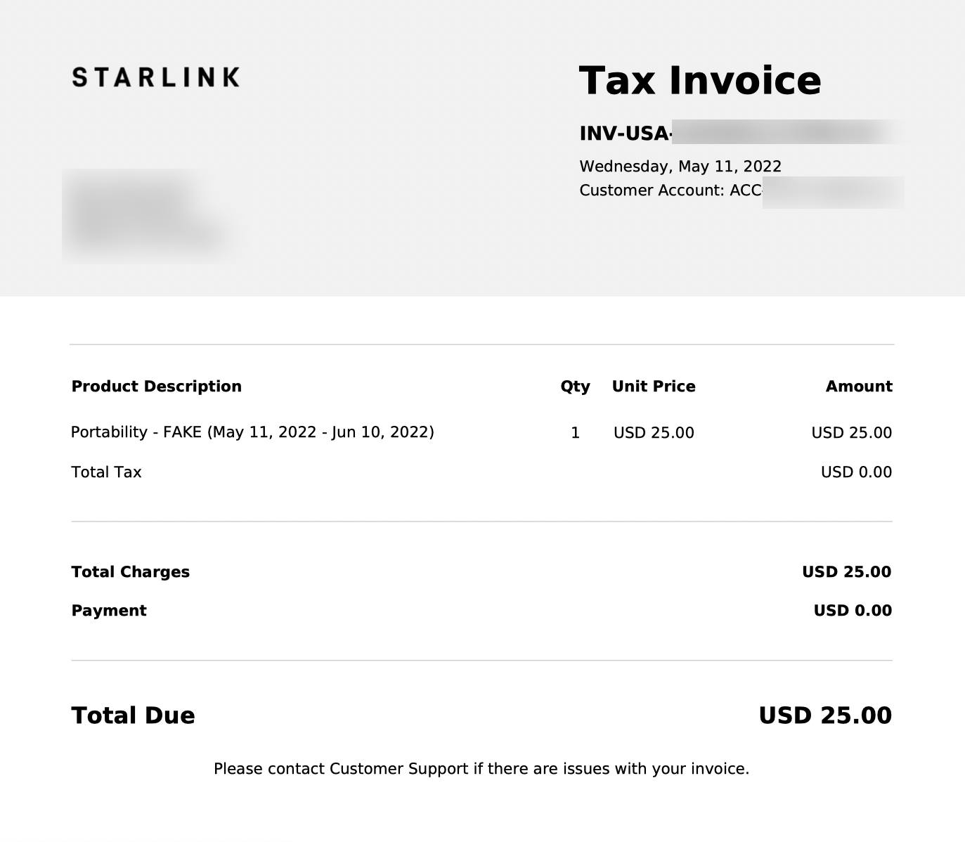 Starlink Service Portability charge 