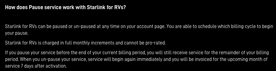 Starlink RV pause service Starlink RV pause service