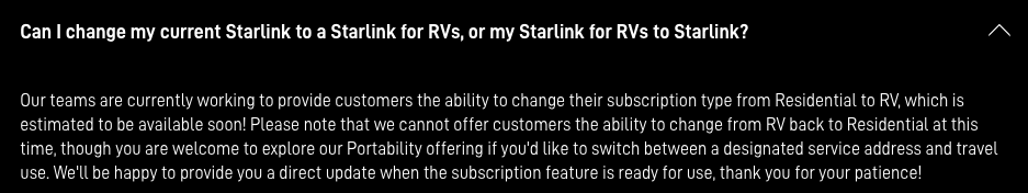 Starlink Change Starlink to Starlink For RVs Service
