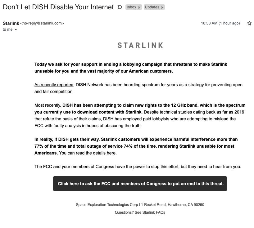 Starlink Email on Dish