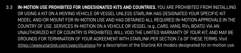 Starlink In Motion Use Prohibited for unapproved devices