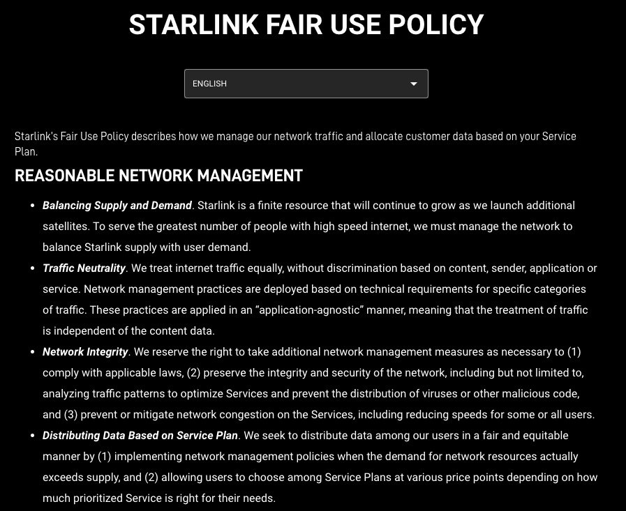 Starlink Fair Use Policy (Nov 2022)