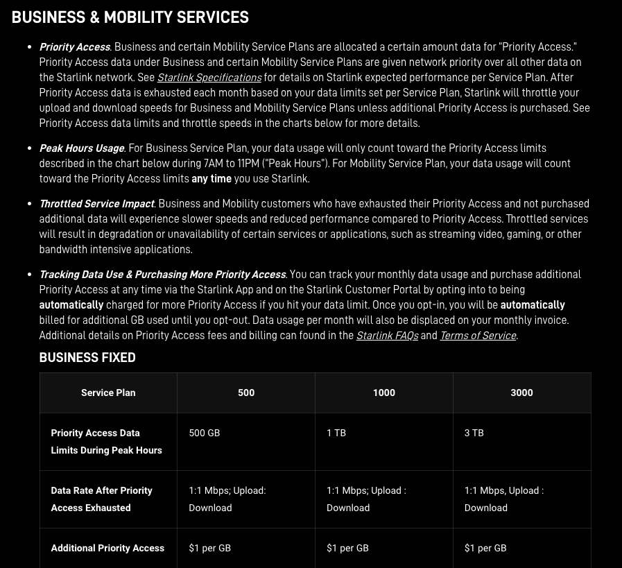 Starlink Business & Mobility Fair Use Policy