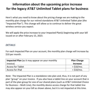att business unlimited tablet plan price increase notification