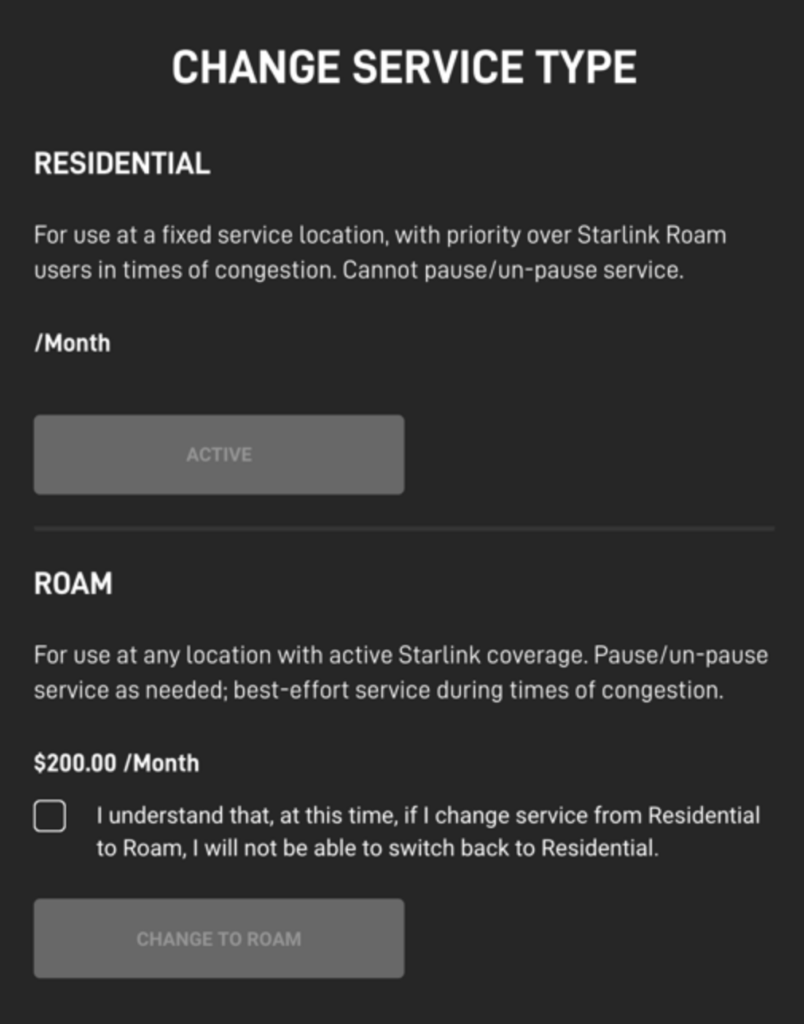 starlink residential to roam