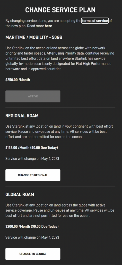 Starlink Service Plan Change