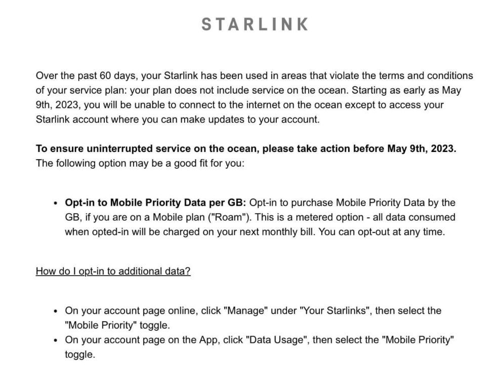 starlink ocean usage warning