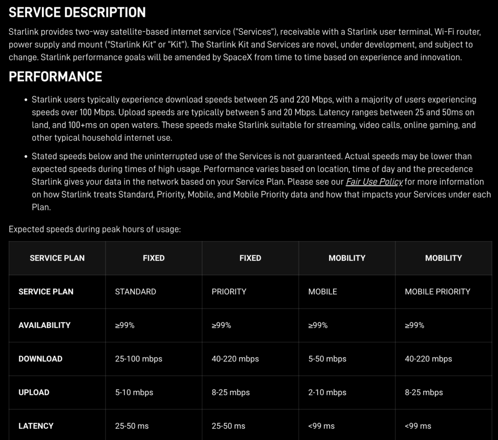 starlink specifications