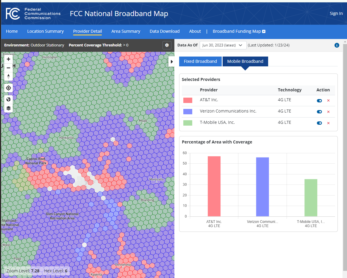 FCC Broadband Coverage Map Screenshot of Broadband Coverage in South East Utah