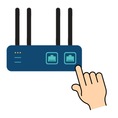 A router with a hand pushing a button to change the settings.