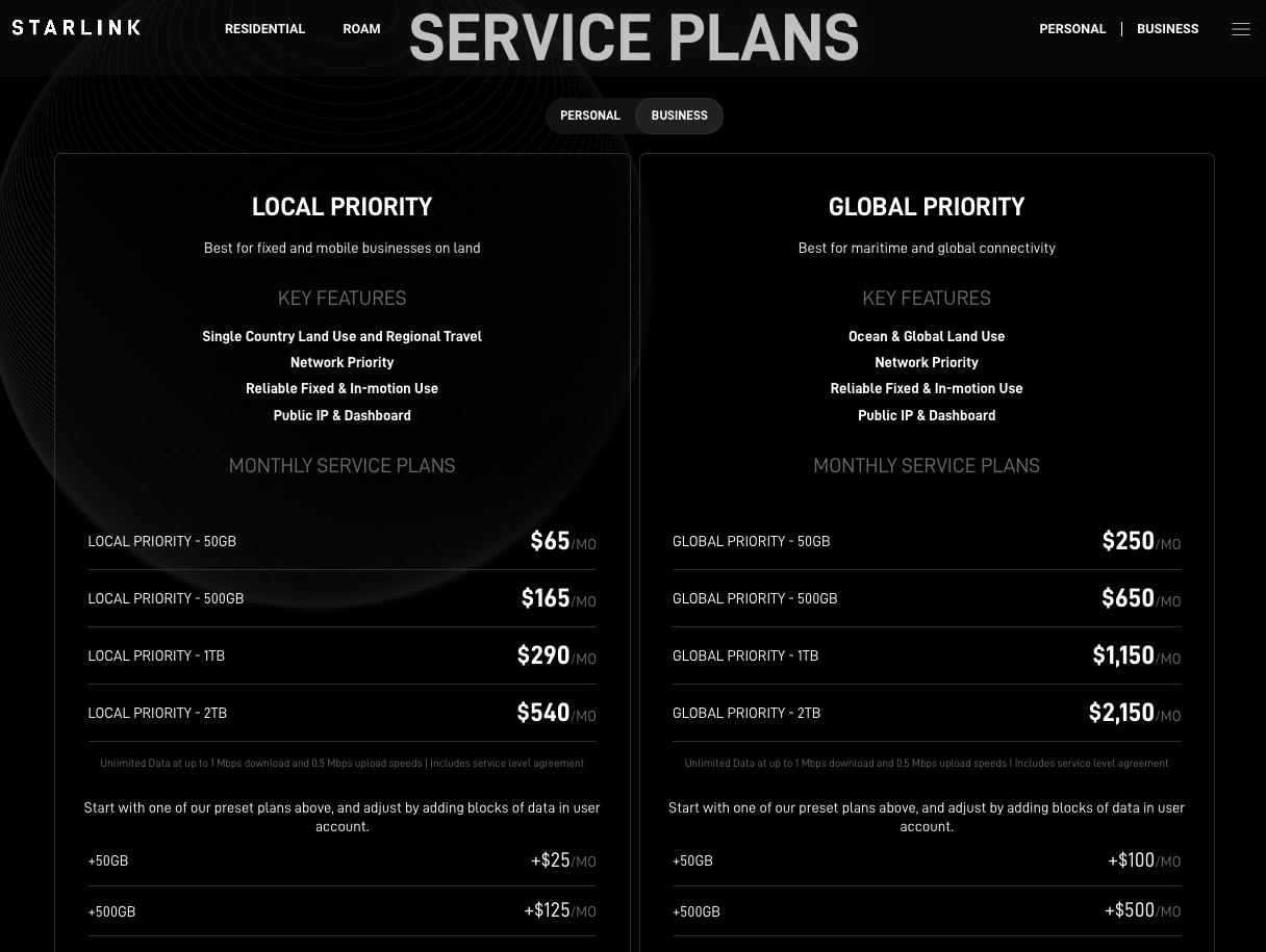 starlink service plans - busines dec 2025