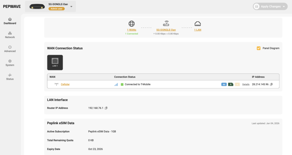 Pepwave 5g Dongle - dashboard