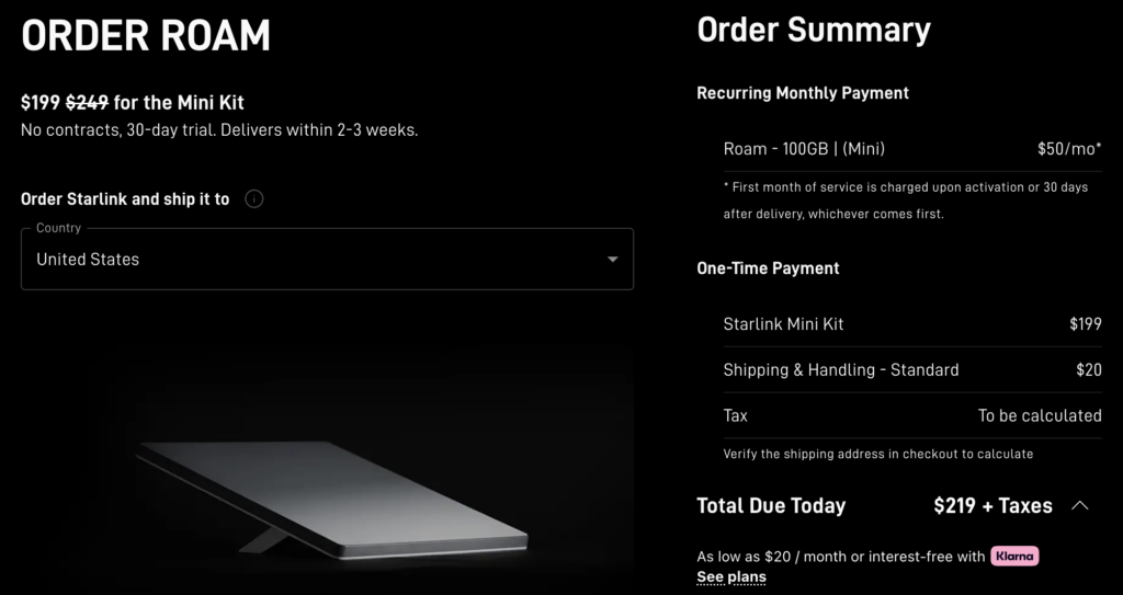 Starlink Mini - Sale Price $199 / MSRP $249